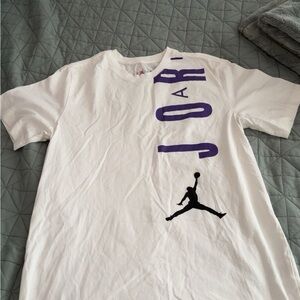 White T-Shirt with Purple and Black Graphics